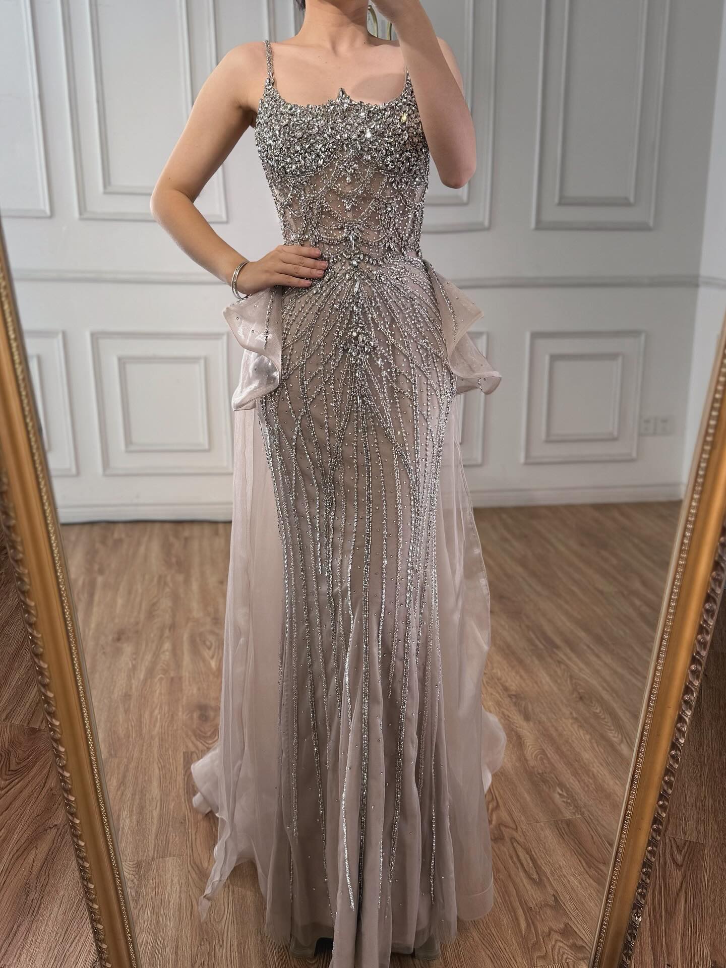 Luxury Caramel Crystal Beaded Spaghetti Strap Mermaid Evening Dress LA72810A