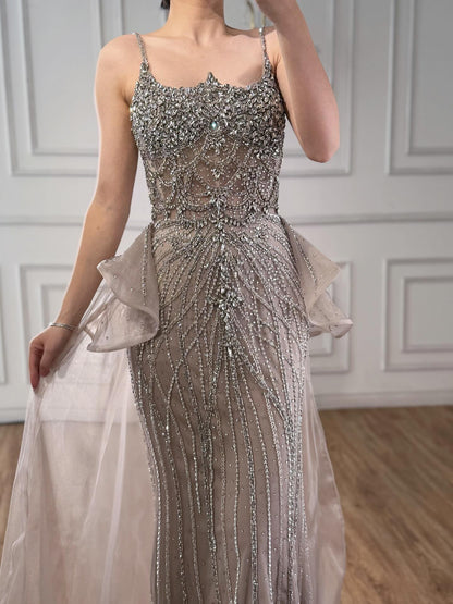 Luxury Caramel Crystal Beaded Spaghetti Strap Mermaid Evening Dress LA72810A