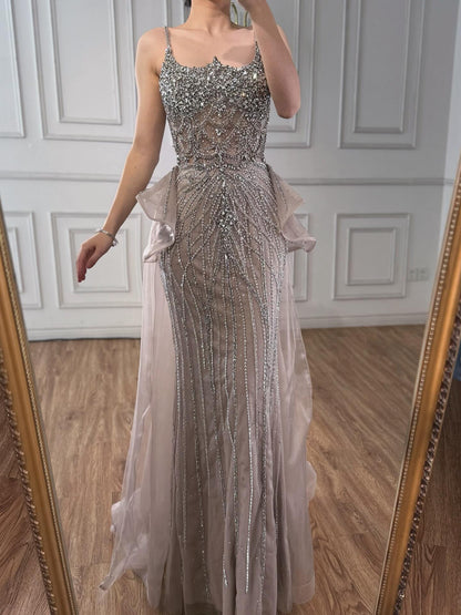 Luxury Caramel Crystal Beaded Spaghetti Strap Mermaid Evening Dress LA72810A