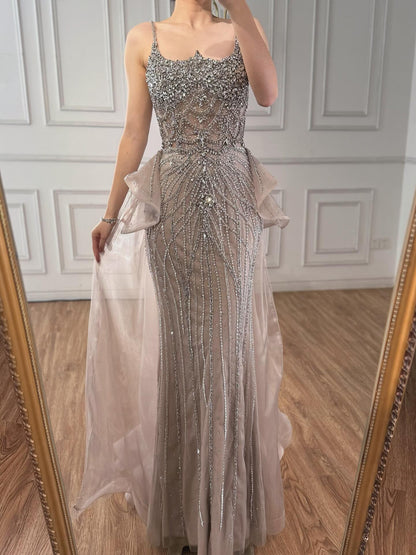 Luxury Caramel Crystal Beaded Spaghetti Strap Mermaid Evening Dress LA72810A