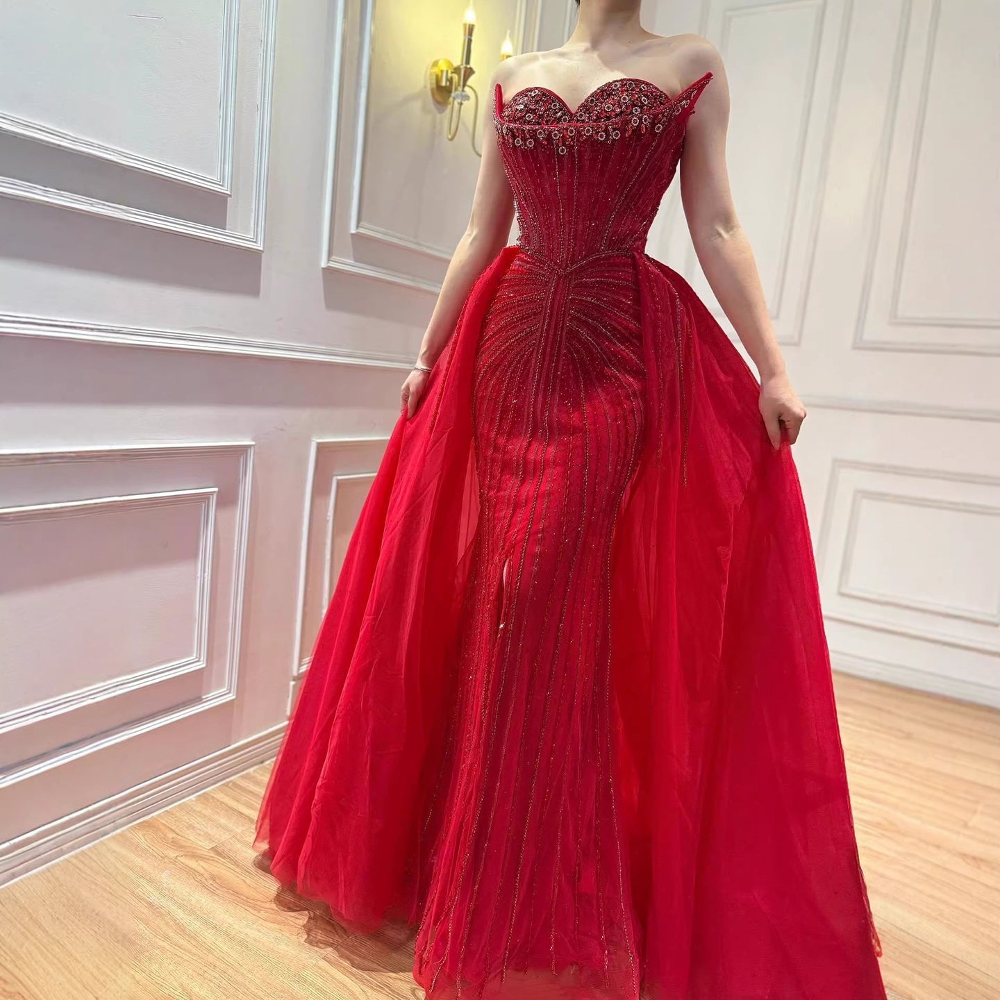 Luxury Dubai Nude Beaded Mermaid Evening Dress with Overskirt LA72811