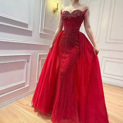 Luxury Dubai Nude Beaded Mermaid Evening Dress with Overskirt LA72811