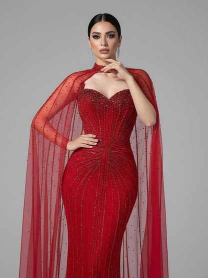 Luxury Dubai Caramel Beaded Evening Dress With Cape LA72811C