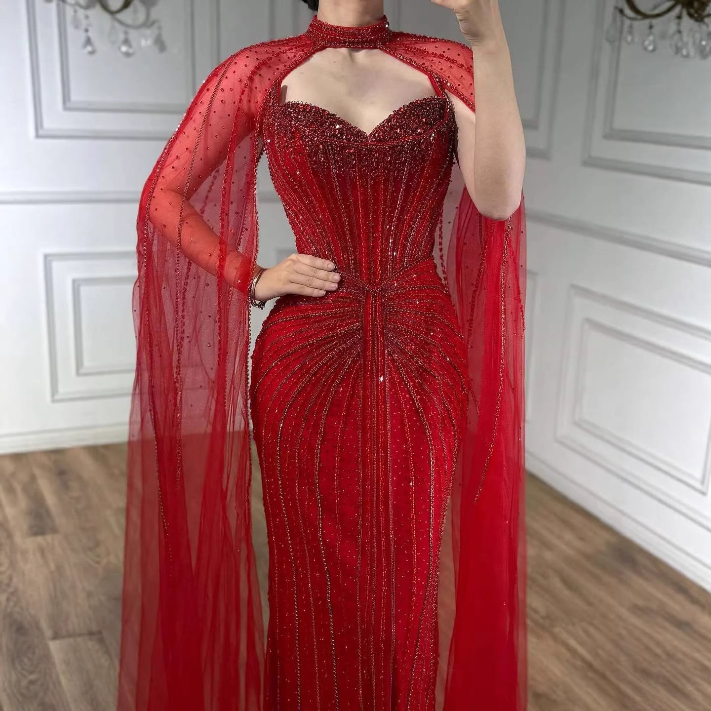 Luxury Dubai Caramel Beaded Evening Dress With Cape LA72811C