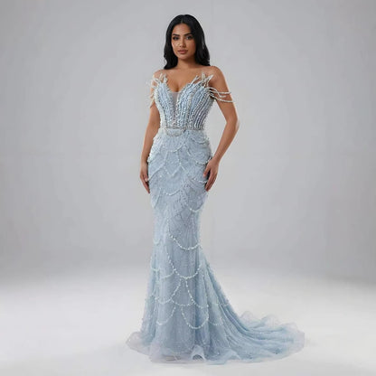 Luxury Dubai   Nude Saudi Pearls Beaded Mermaid Evening Dresses Gowns for Formal Occasion LA72816