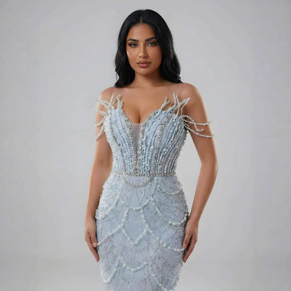 Luxury Dubai   Nude Saudi Pearls Beaded Mermaid Evening Dresses Gowns for Formal Occasion LA72816