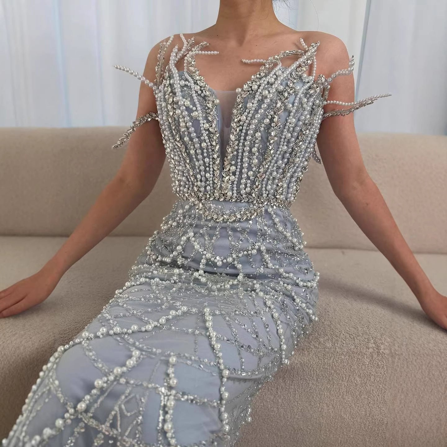 Luxury Dubai   Nude Saudi Pearls Beaded Mermaid Evening Dresses Gowns for Formal Occasion LA72816