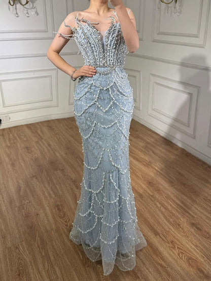 Luxury Dubai   Nude Saudi Pearls Beaded Mermaid Evening Dresses Gowns for Formal Occasion LA72816