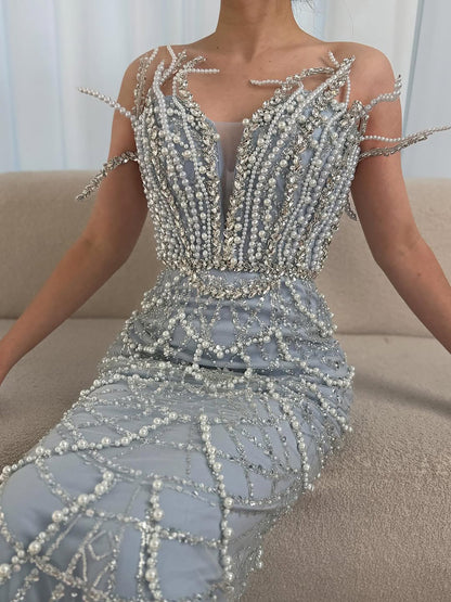 Luxury Dubai   Nude Saudi Pearls Beaded Mermaid Evening Dresses Gowns for Formal Occasion LA72816