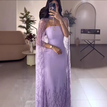 Lilac Elegant Evening Dresses with Luxury Beaded Long Cape Gown for Party LA72828