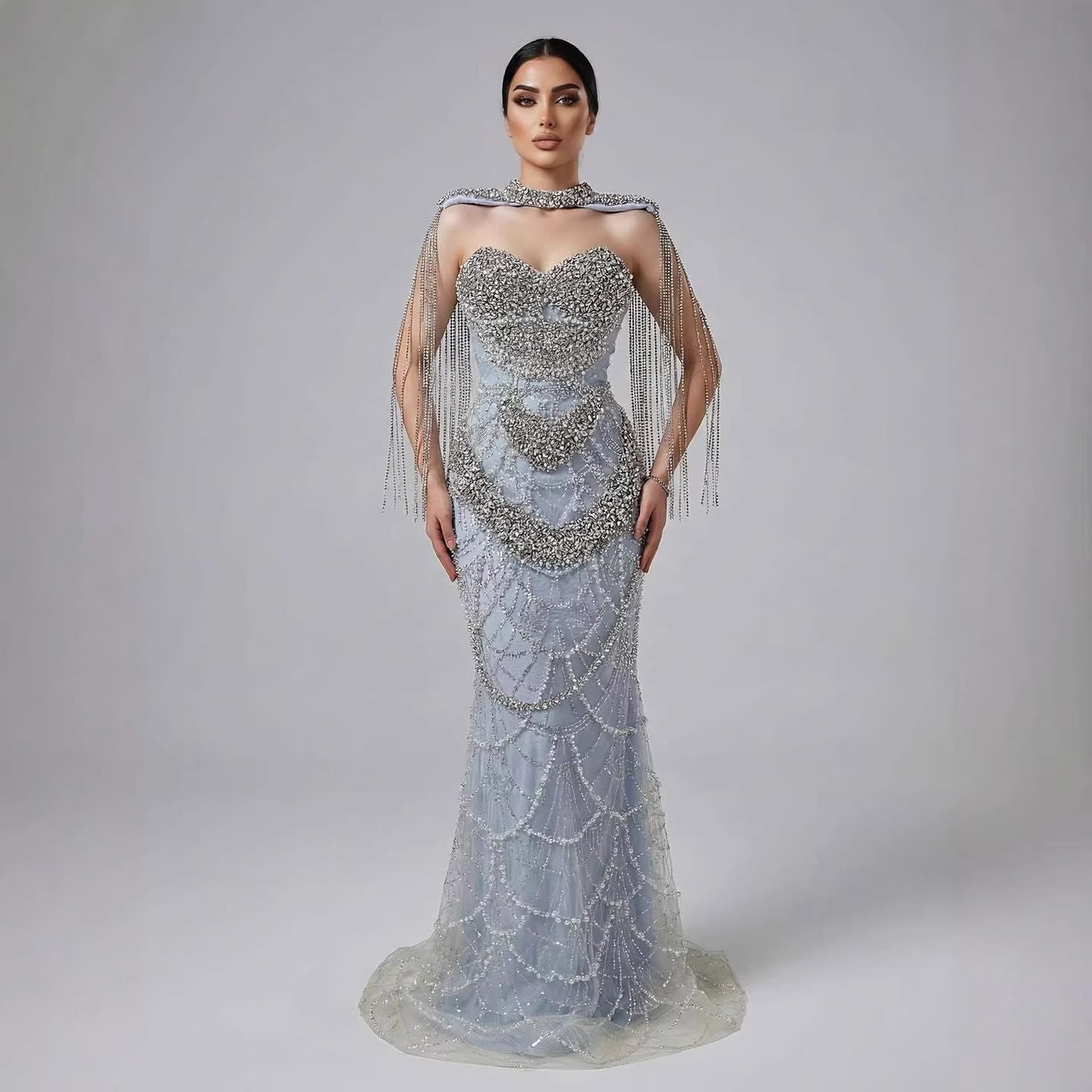 Luxury Nude Beaded Evening Dress with Tassel Short Cape LA72876