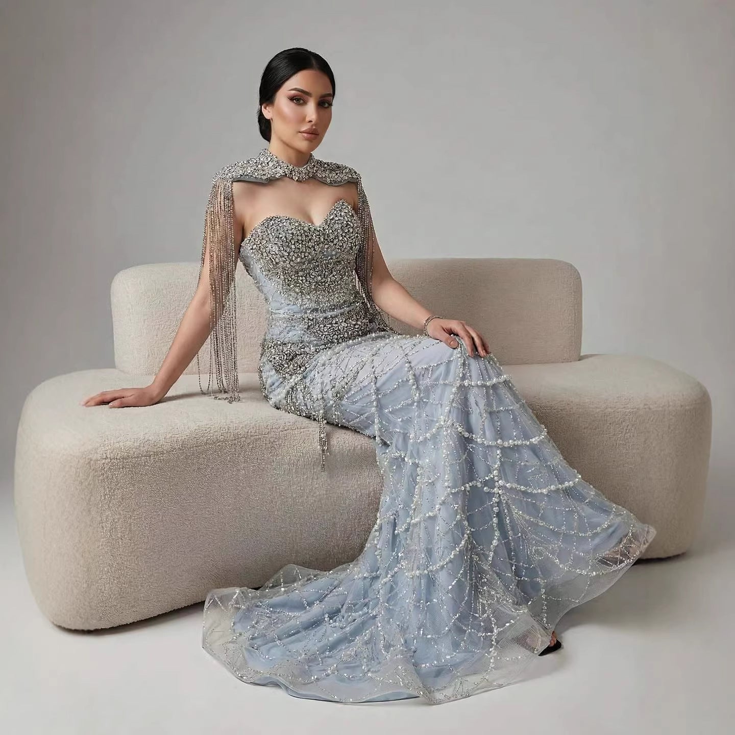 Luxury Nude Beaded Evening Dress with Tassel Short Cape LA72876