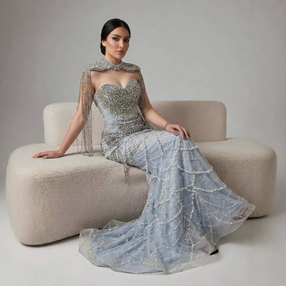 Luxury Nude Beaded Evening Dress with Tassel Short Cape LA72876