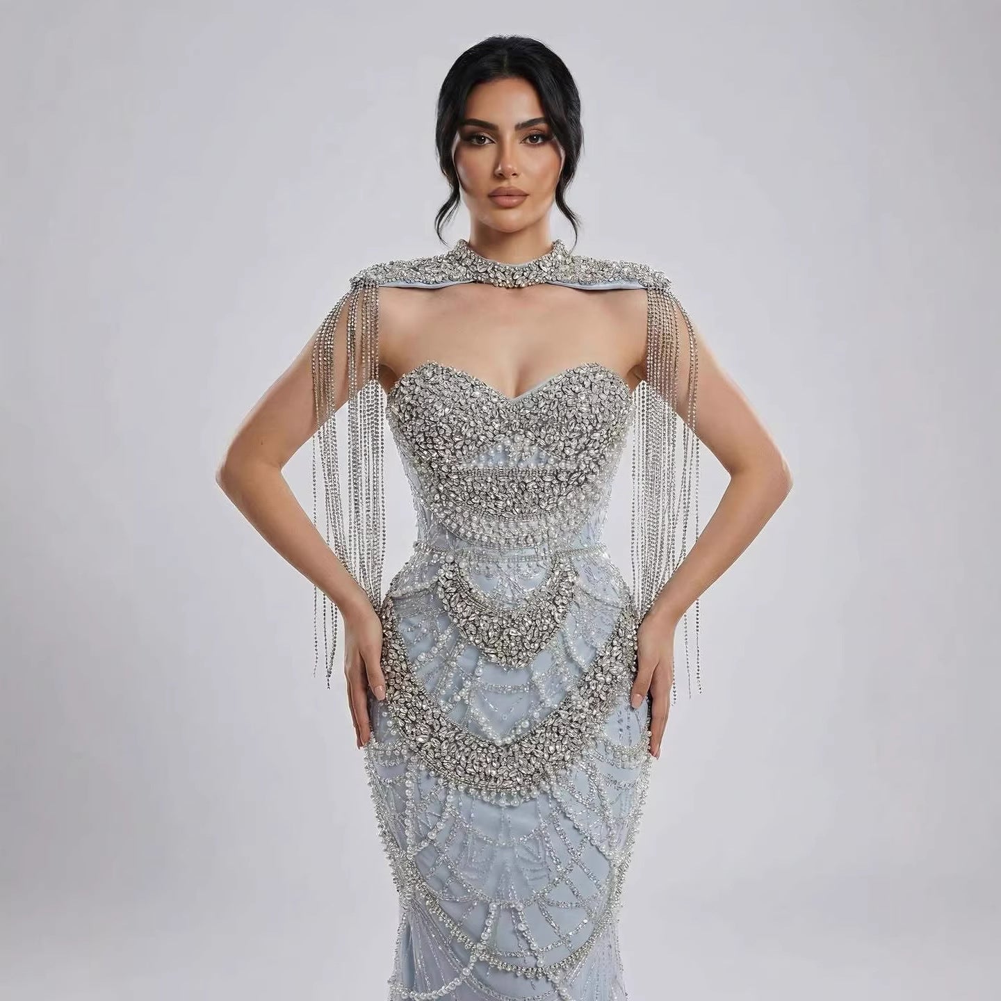 Luxury Nude Beaded Evening Dress with Tassel Short Cape LA72876