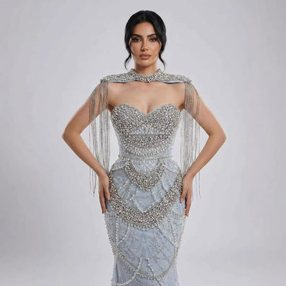 Luxury Nude Beaded Evening Dress with Tassel Short Cape LA72876