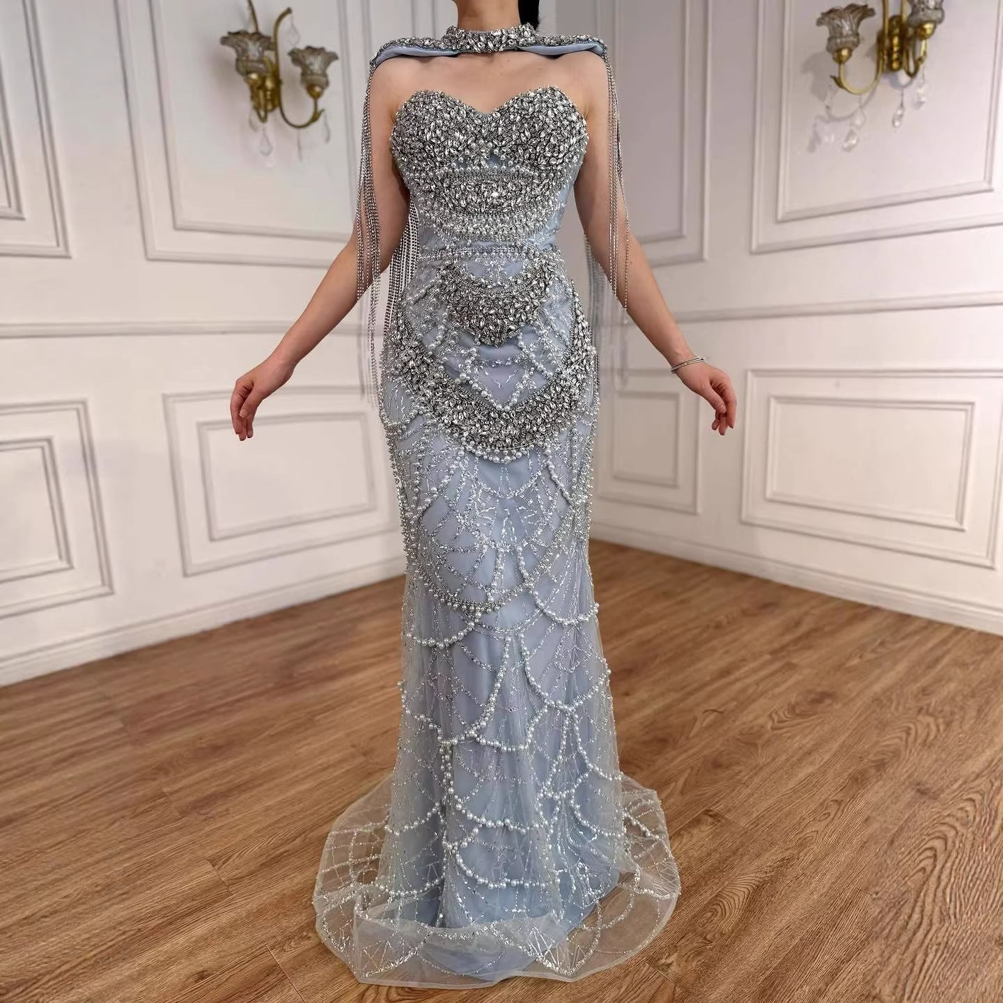 Luxury Nude Beaded Evening Dress with Tassel Short Cape LA72876