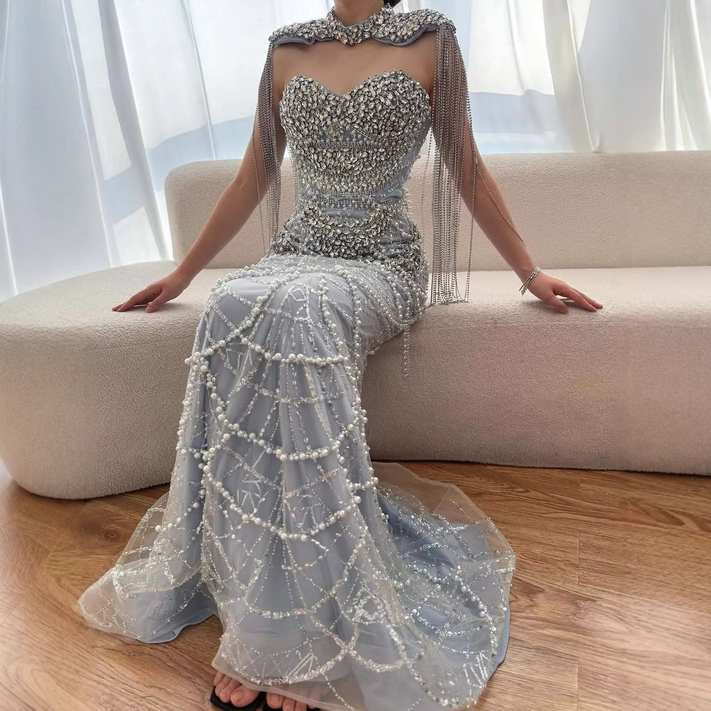 Luxury Nude Beaded Evening Dress with Tassel Short Cape LA72876