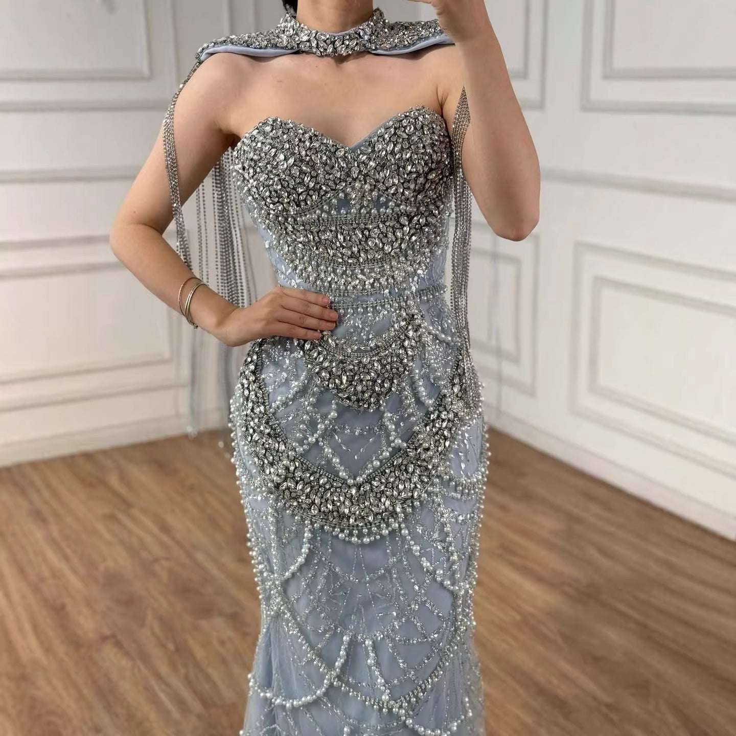 Luxury Nude Beaded Evening Dress with Tassel Short Cape LA72876