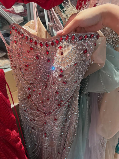 Luxury Red Crystal Beaded Mermaid Dress with Detachable Cape LA72903A