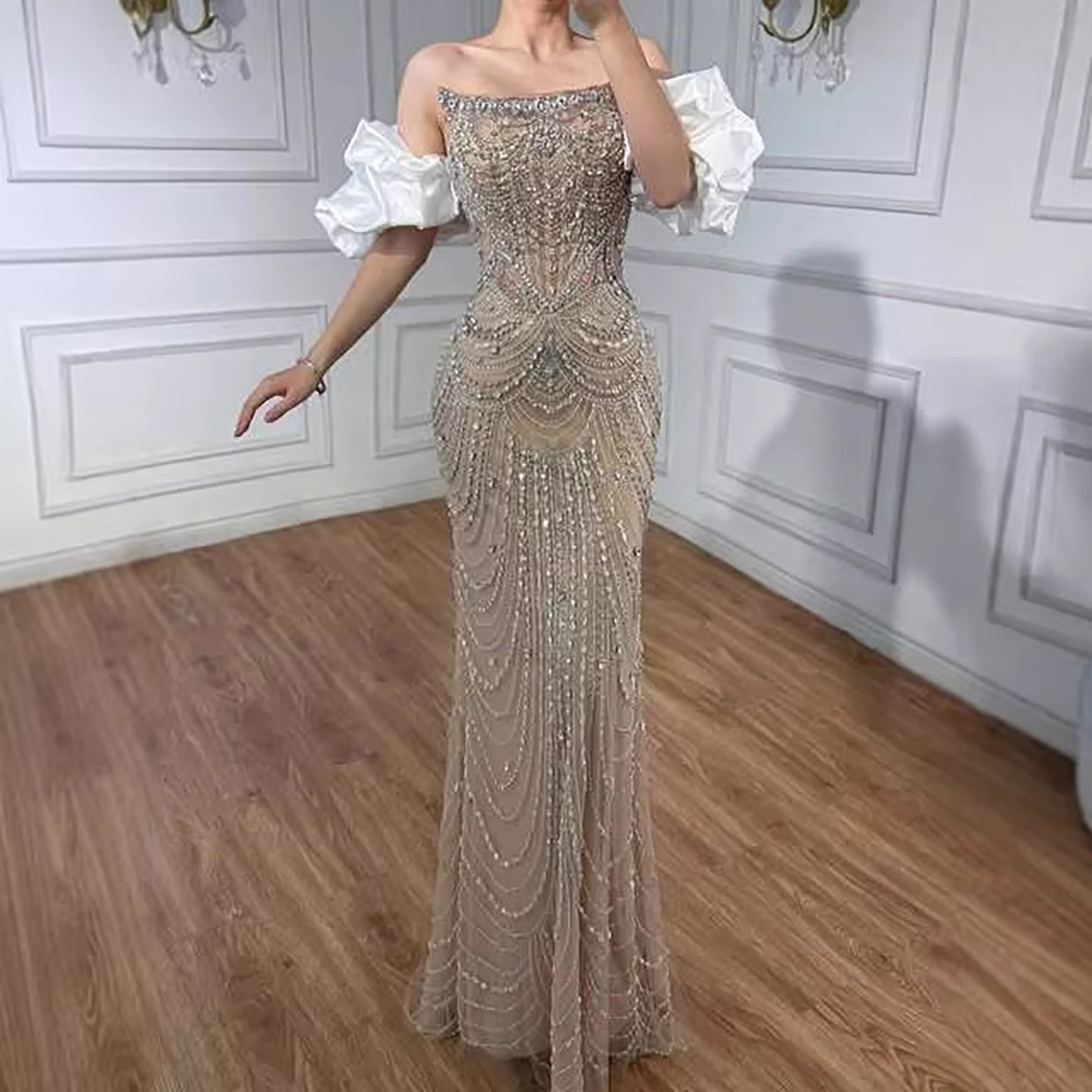 Luxury Beaded Evening Dress Puff Sleeves Pearl Adorned LA72903
