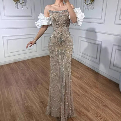 Luxury Beaded Evening Dress Puff Sleeves Pearl Adorned LA72903