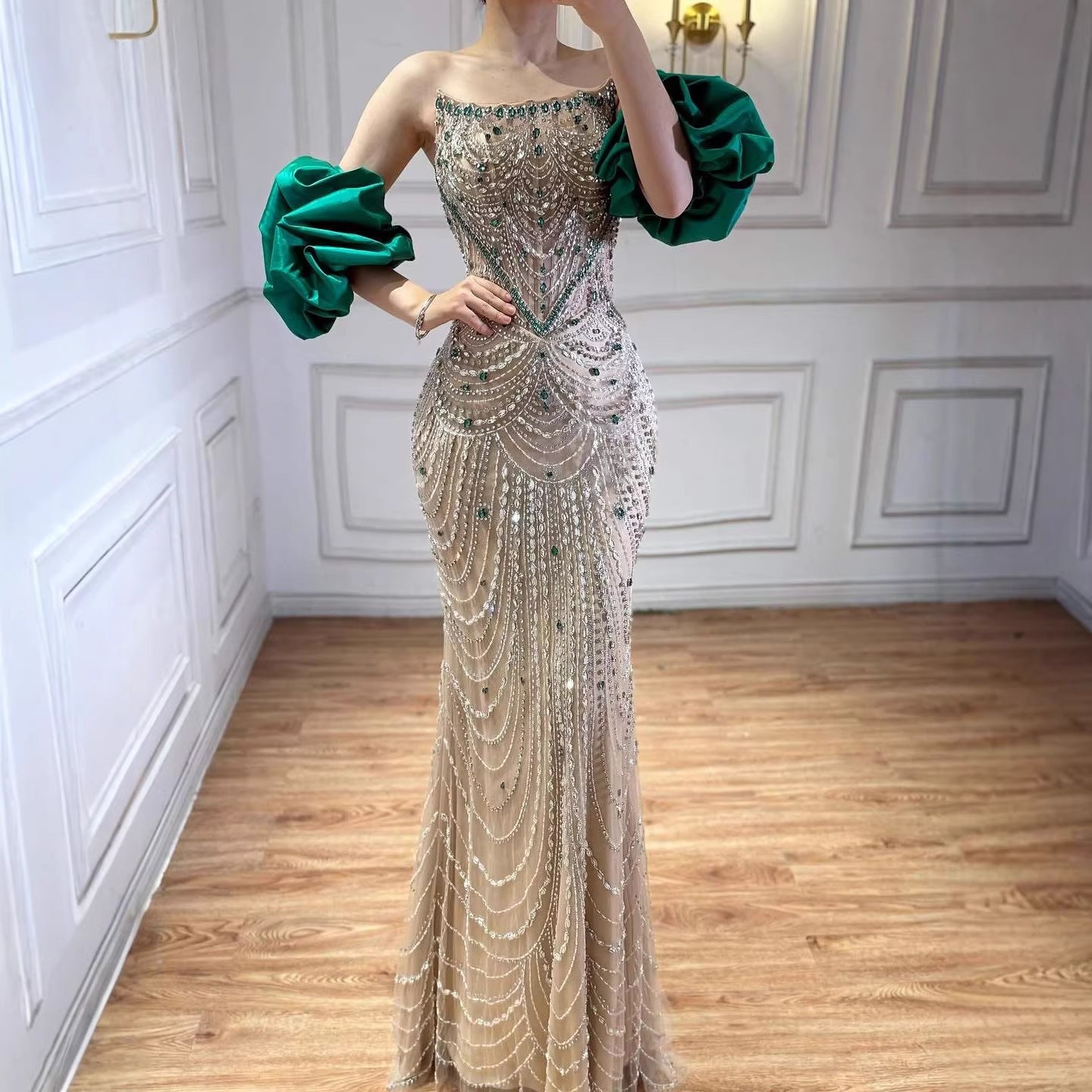 Luxury Beaded Evening Dress Puff Sleeves Pearl Adorned LA72903