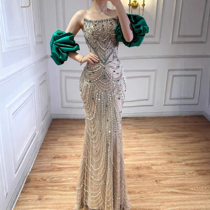 Luxury Beaded Evening Dress Puff Sleeves Pearl Adorned LA72903