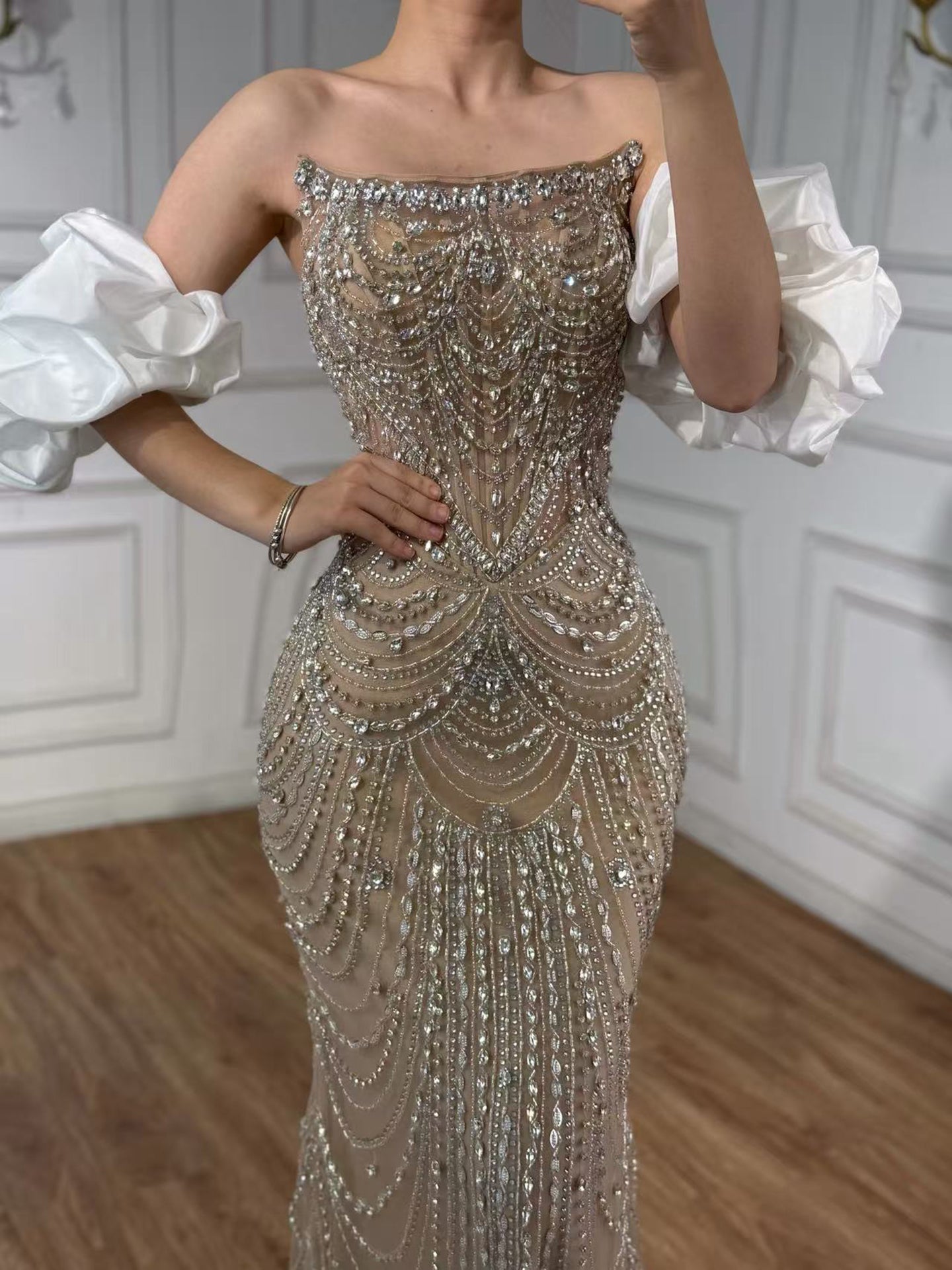 Luxury Beaded Evening Dress Puff Sleeves Pearl Adorned LA72903