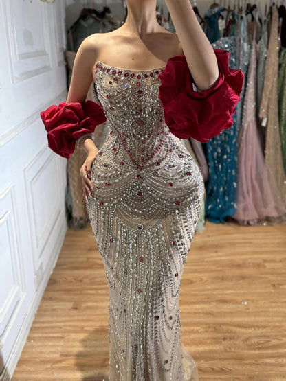 Luxury Red Crystal Beaded Mermaid Dress with Detachable Cape LA72903A