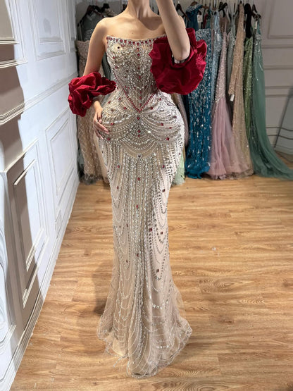 Luxury Red Crystal Beaded Mermaid Dress with Detachable Cape LA72903A