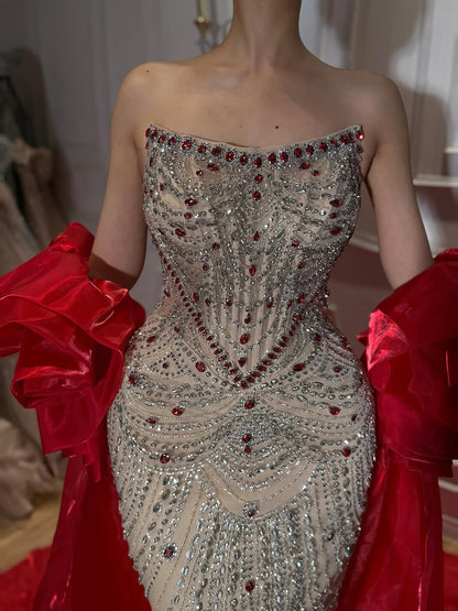 Luxury Red Crystal Beaded Mermaid Dress with Detachable Cape LA72903A
