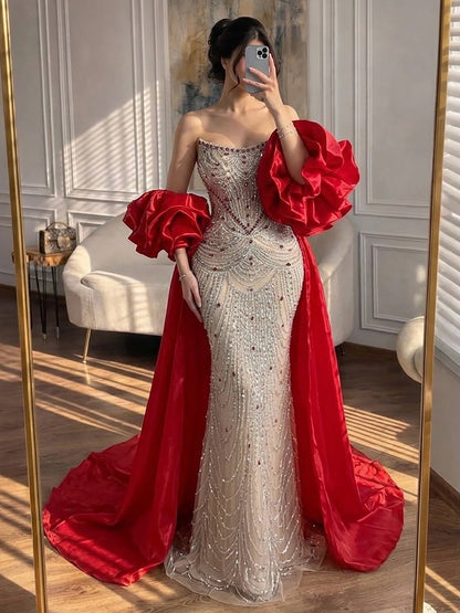Luxury Red Crystal Beaded Mermaid Dress with Detachable Cape LA72903A