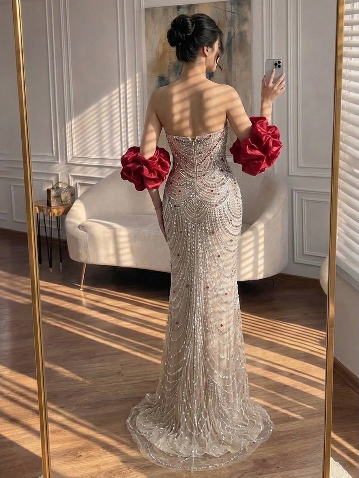 Luxury Red Crystal Beaded Mermaid Dress with Detachable Cape LA72903A