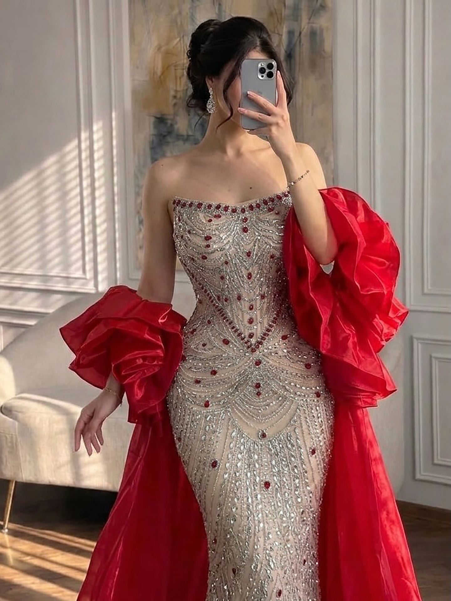 Luxury Red Crystal Beaded Mermaid Dress with Detachable Cape LA72903A