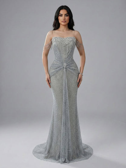 Luxury Silver Gray Beaded Crystal Strapless Evening Dress LA72905A