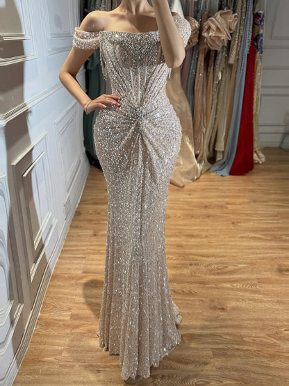 Luxury Cream Crystal Beaded Off The Shoulder Mermaid Dress LA72905D