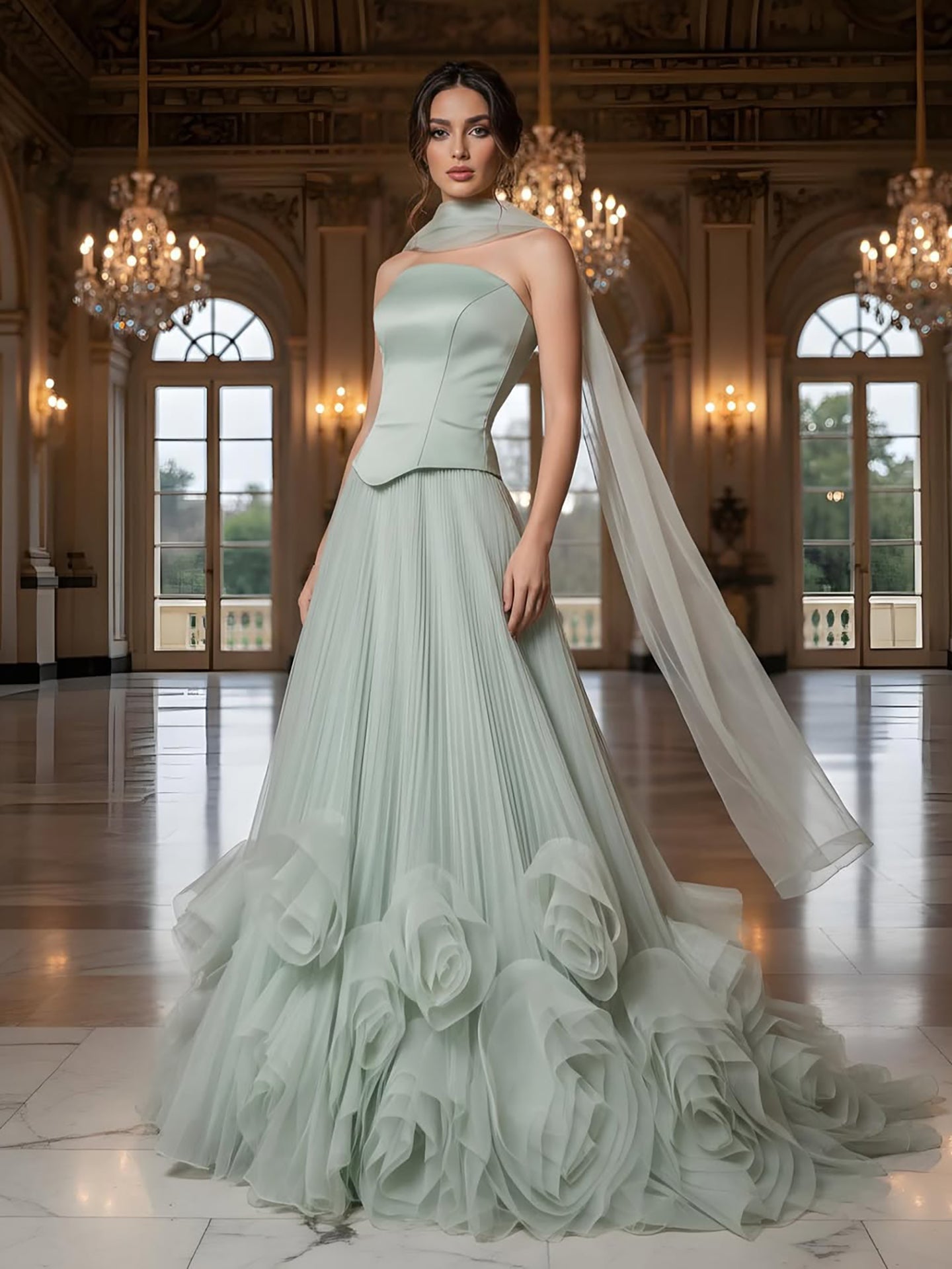 Elegantes Abendkleid in Salbeigrün mit 3D-Blumen in A-Linie LA72913