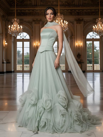 Elegantes Abendkleid in Salbeigrün mit 3D-Blumen in A-Linie LA72913