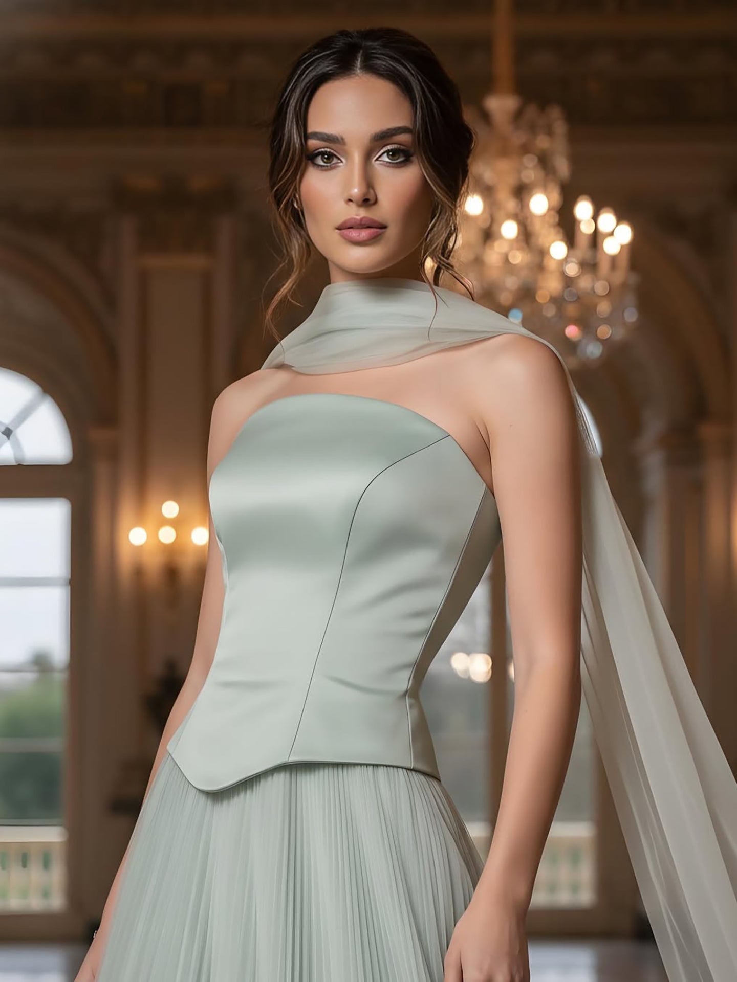 Elegantes Abendkleid in Salbeigrün mit 3D-Blumen in A-Linie LA72913