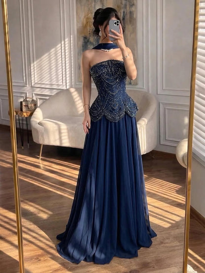 Luxury Designer Nude Beaded Chiffon Evening Dress LA72915
