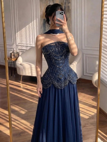 Luxury Designer Nude Beaded Chiffon Evening Dress LA72915