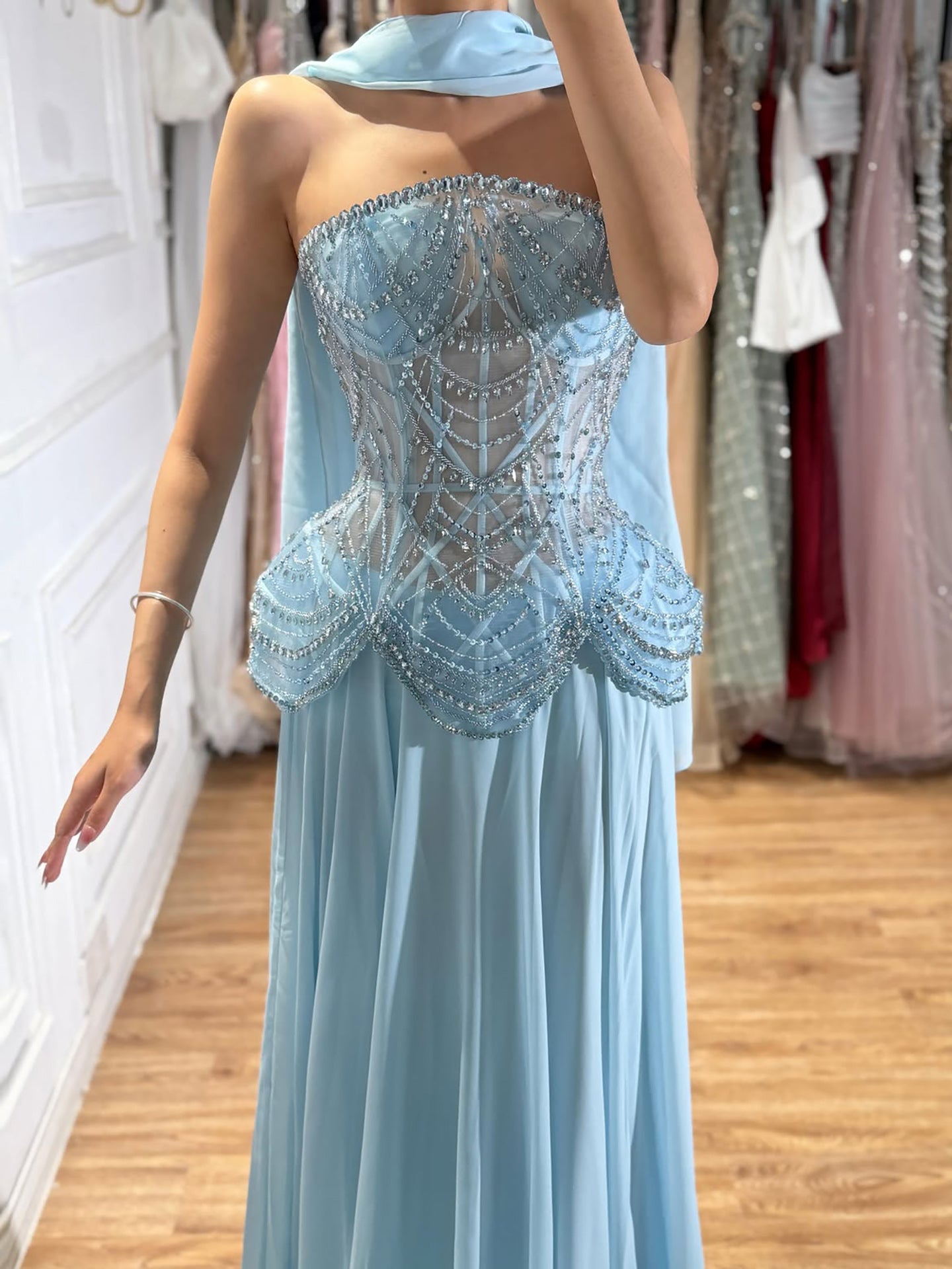 Luxury Designer Nude Beaded Chiffon Evening Dress LA72915
