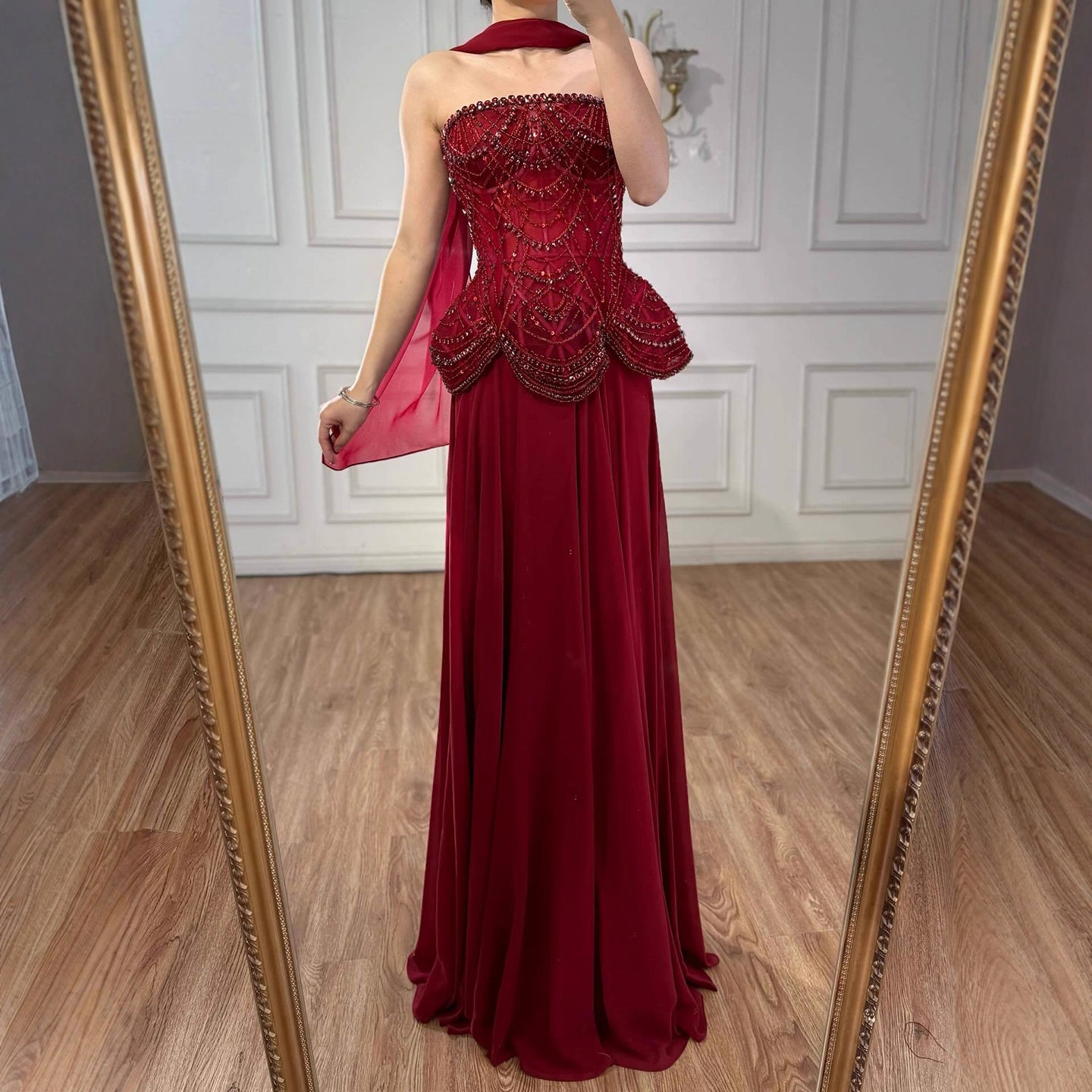 Luxury Designer Nude Beaded Chiffon Evening Dress LA72915