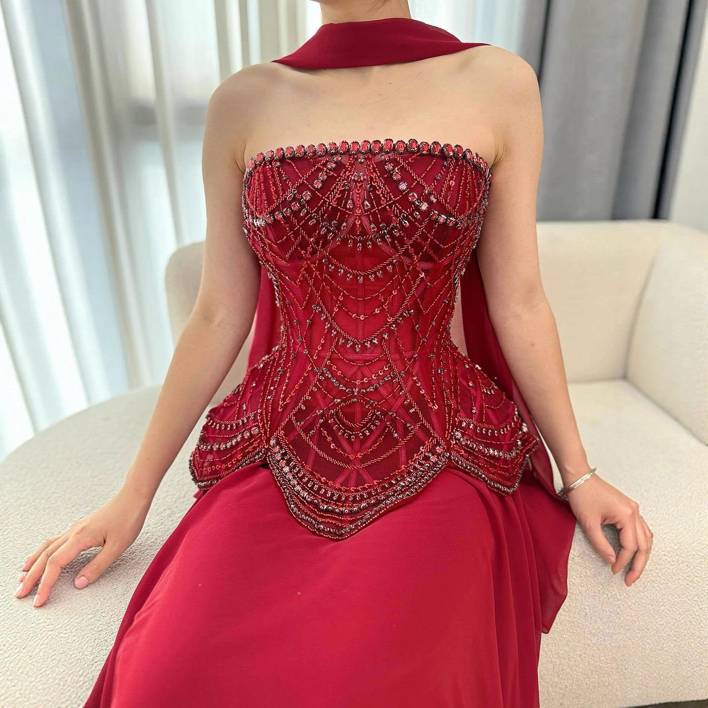 Luxury Designer Nude Beaded Chiffon Evening Dress LA72915