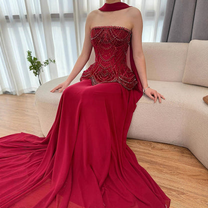 Luxury Designer Nude Beaded Chiffon Evening Dress LA72915