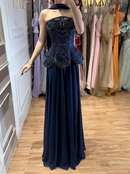 Luxury Designer Nude Beaded Chiffon Evening Dress LA72915