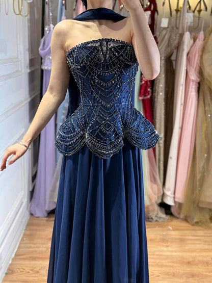 Luxury Designer Nude Beaded Chiffon Evening Dress LA72915