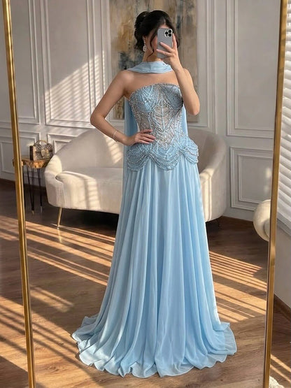 Luxury Designer Nude Beaded Chiffon Evening Dress LA72915