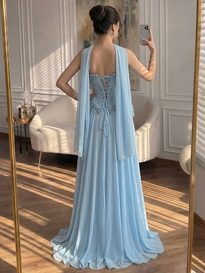 Luxury Designer Nude Beaded Chiffon Evening Dress LA72915