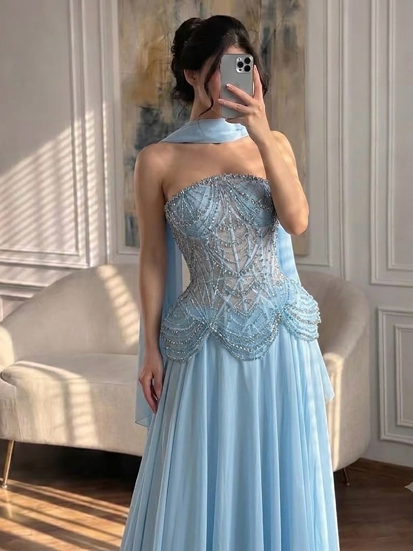 Luxury Designer Nude Beaded Chiffon Evening Dress LA72915